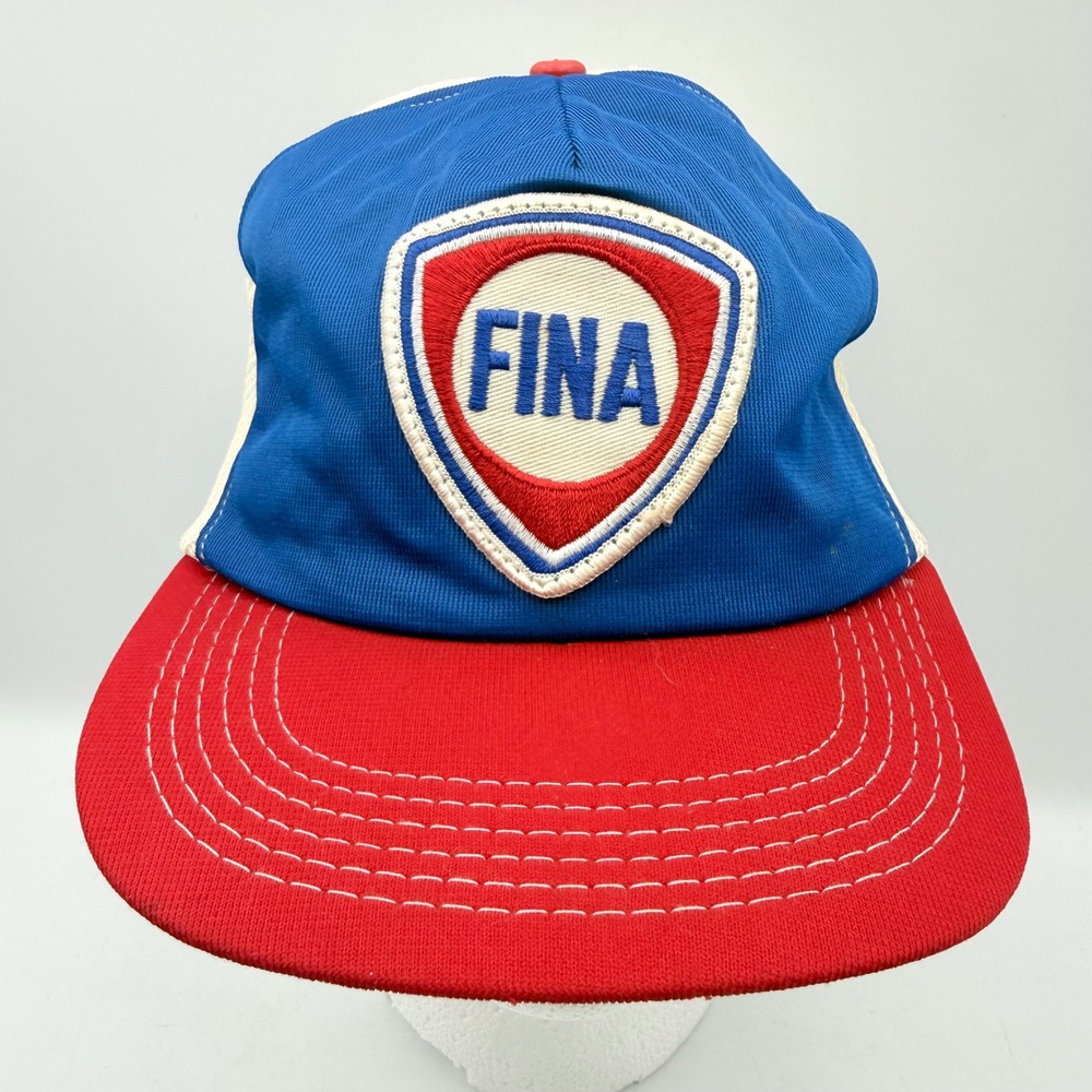 Vintage Fina Gas Station Trucker Hat Blue Mesh Snapback Made in USA Patch Cap